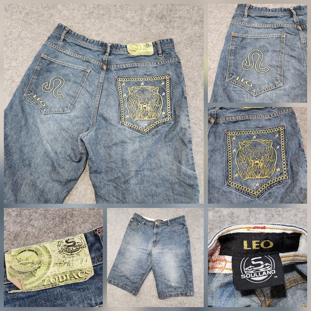 VTG Y2K Soulland Zodiacs Leo‎ Lion Embroidered Baggy Denim Jeans Shorts Mens 40